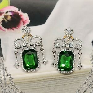 Vintage Estate Large Emerald Cut Green Crystal Crown Embellished Silver Earrings